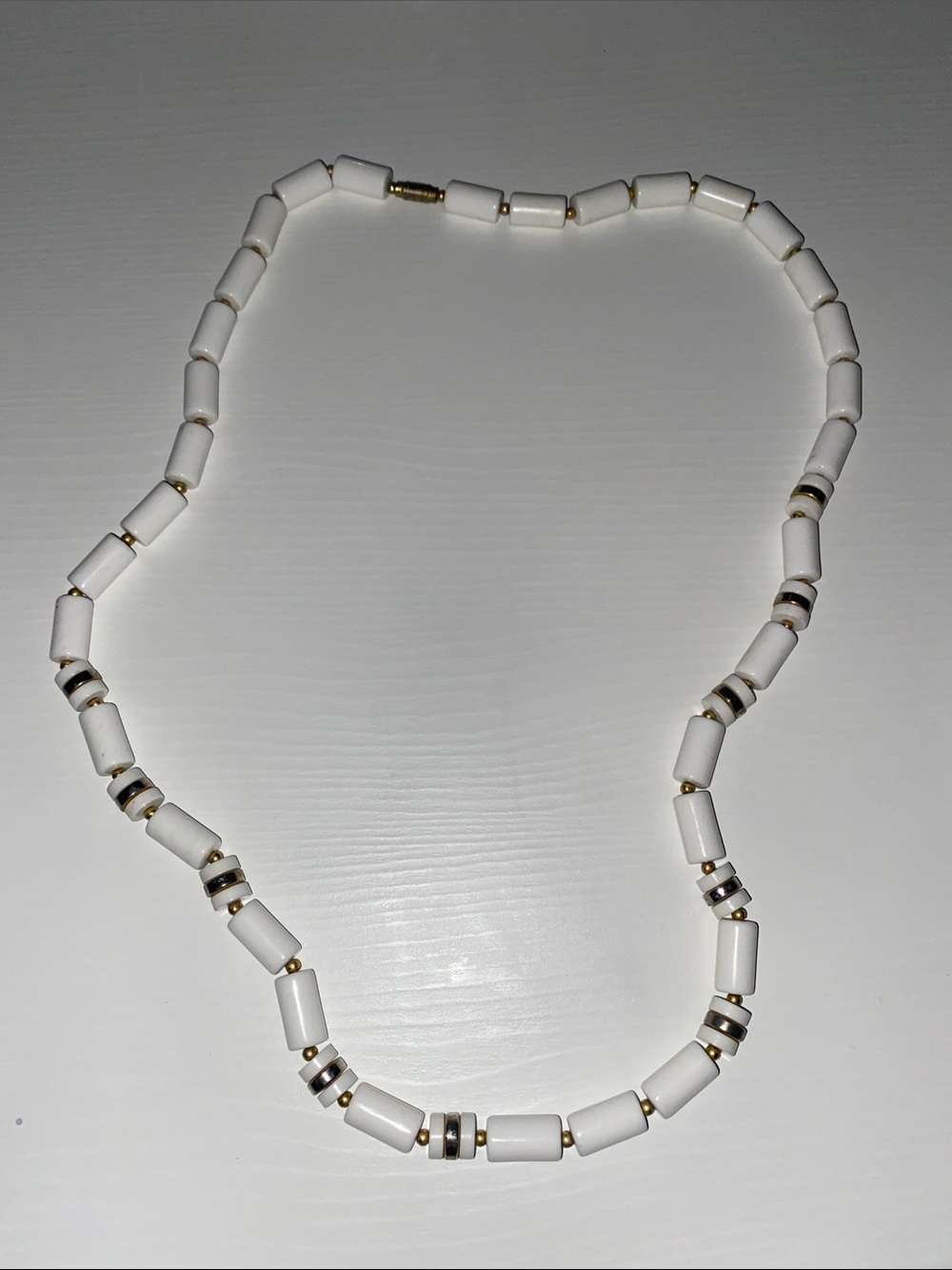 White Barrel Bead Necklace with Gold Tone Beads